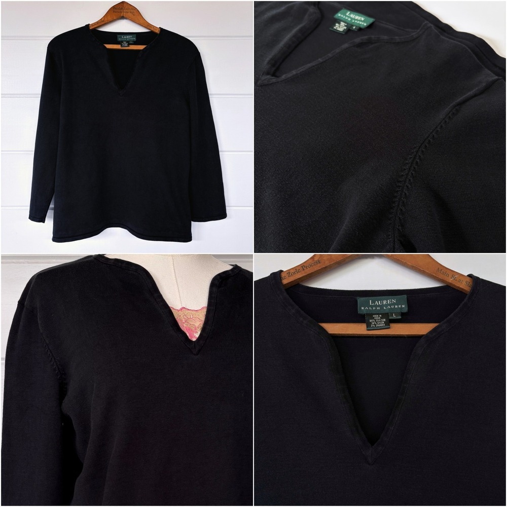 Lauren Ralph Lauren Silk Sweater L V-Neck 3/4 Sleeve Fine Knit Gauge Classic 90s